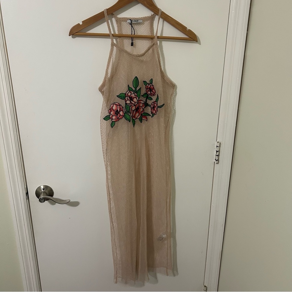Zara Trafaluc | Women’s Beige Sleeveless Mesh Swim Coverup Dress Size Small